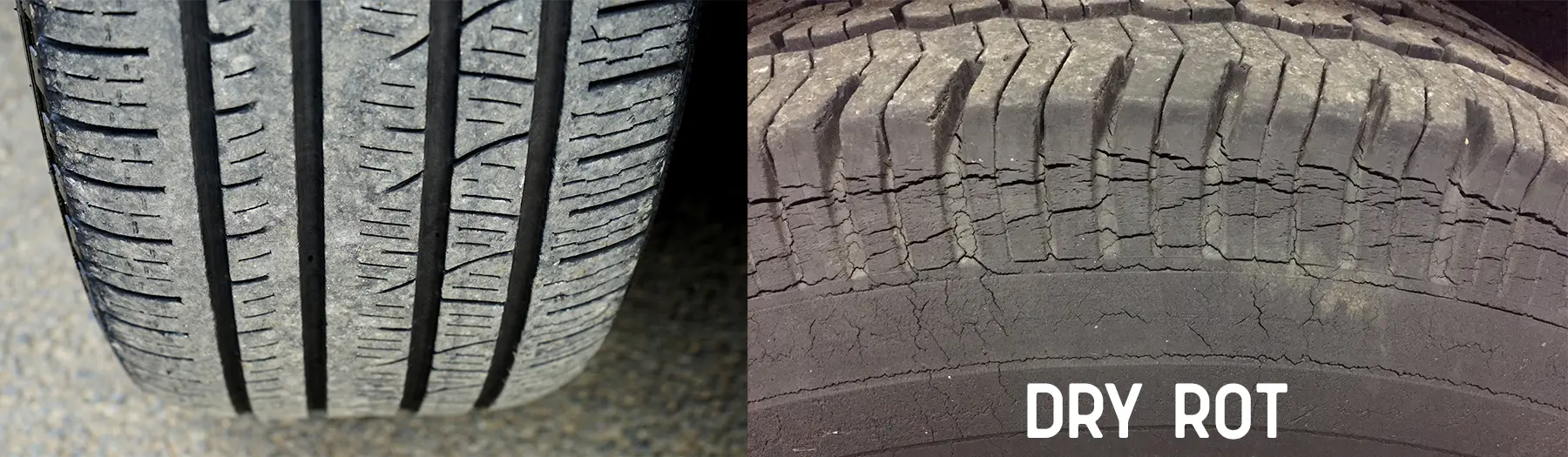 Close-up of tire showing dry rot and cracking